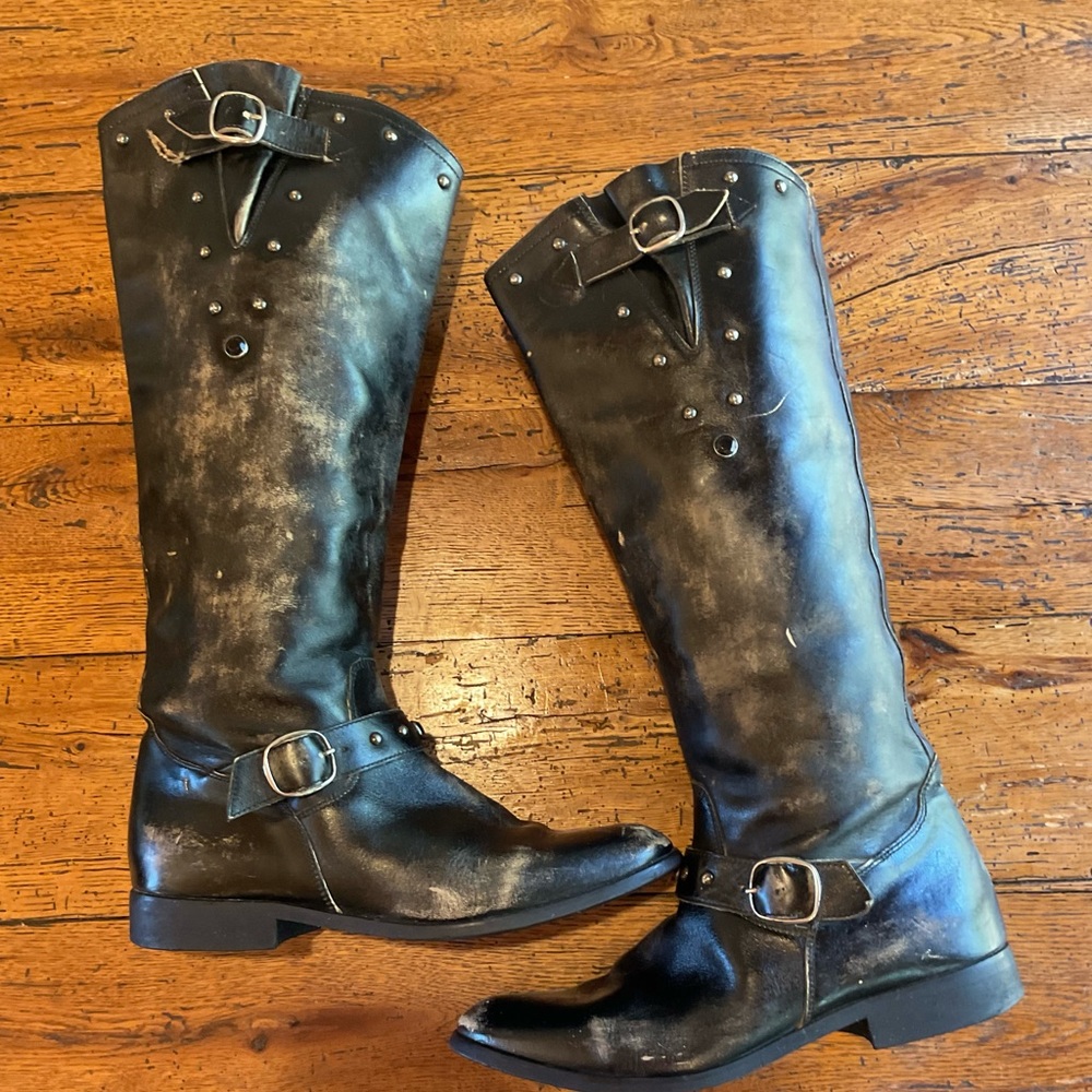 Golden Goose Kate Tall Studded Leather Biker Motorcycle Boots Black Size 40